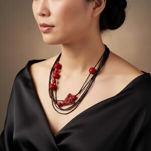 Vintage Cinnabar & Glass Bead Necklace-Carved-Red-Floral-Black-Multi Strand-Boho